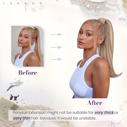 LaaVoo Ponytail Extension Human Hair Blonde Ponytail Hair Extensions Gloden Brown Highlight Blonde 12 Inch 70g