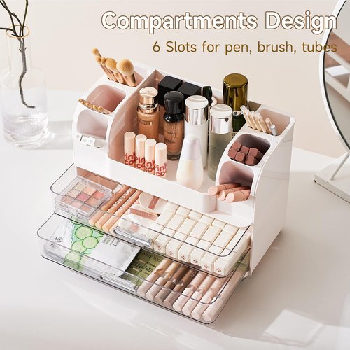UFORU Makeup Organizer for Vanity with 2 Large Drawers, Cosmetic Display Case with Brush Holders, Easy to Storage for Bathroom Countertop Skincare, Desk Office Supplies, White