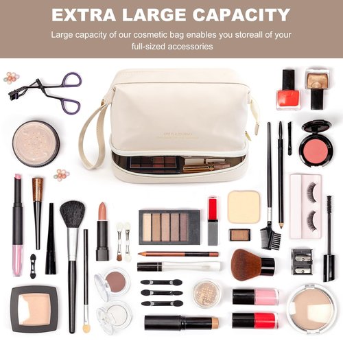 DOJUNS Cosmetic Travel Bag, Double Layer Large Makeup Organizer Leather Waterproof Toiletry Bag for Women Girls (White)