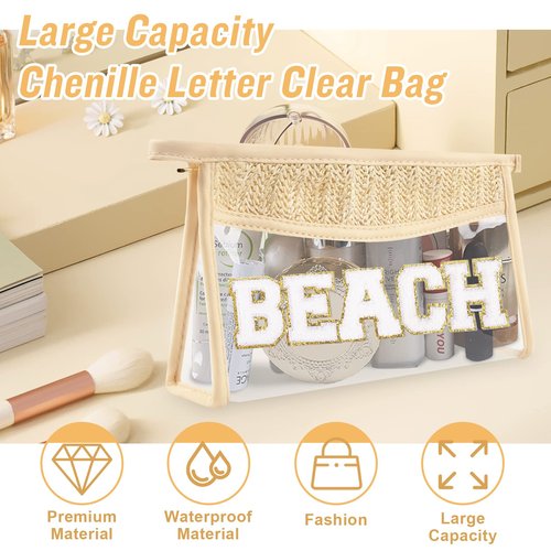 Iqimott 2Pcs Clear Patch Makeup Letter Bag, Boho Letter Bag for Beach Swim, Waterproof Zipper Make up Bags Toiletry Pouch for Women Girls, Clear Letters Patch Cosmetic Bags for Travel(Beach)