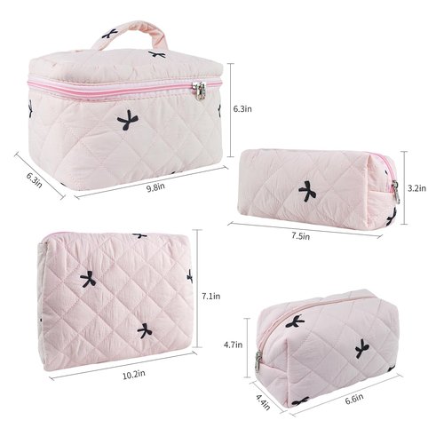 GISMTR 4Pcs Quilted Makeup Bag Set Cute Floral Cosmetic Bag Cotton Coquette Make up Bag Aesthetic Travel Toiletry Bag for Women Girls