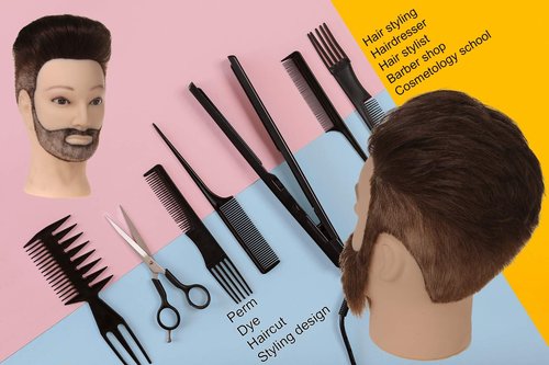 Stancia Male Mannequin Head,Training Head with 100% Human Hair,14” Barber Mannequin Head, Hairdresser Manikin Head, Training Doll Head for Hair Styling and Practice(with Beard,Dark Brown)