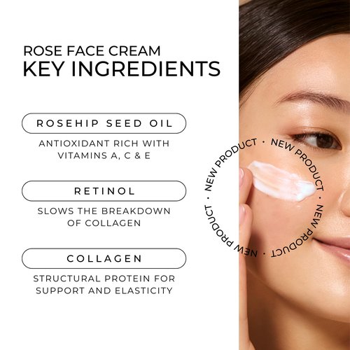 Rose Face Cream with Rosehip Seed Oil, Retinol, Collagen, Hyaluronic Acid - Anti-Aging 24 Hour Moisturizer for Dry & Sensitive Skin - Gentle Daily Skincare