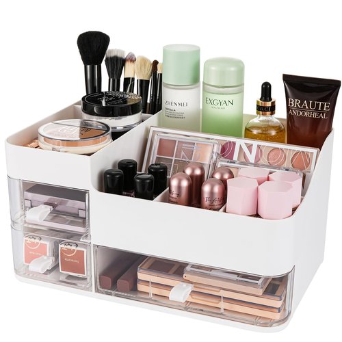 KLGO Makeup Organizer and Storage Cosmetic Display Case With 3 Clear Drawers Skincare Organizer for Bathroom Make Up Stand for Vanity Lipsticks, Jewelry, Nail Care, Eyeshadow, Skincare