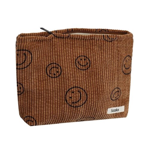 BIVIZKU Travel Checkered Makeup Bag, Corduroy Cosmetic Bag for Purse, Small Cosmetic Zipper Pouch Cute Travel Checkered Makeup Bag Gift for Women,Girls (brown smile)