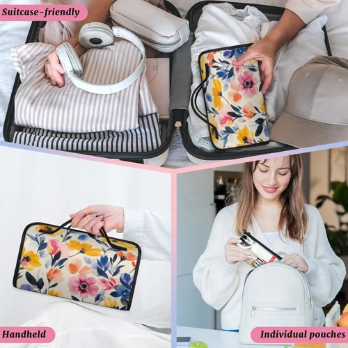 Hanging Roll Up Makeup Bag, Cosmetic Bag for Women, Watercolor Flower Travel Folding Toiletry Bag with 4 Removable Compartments, for Storing Cosmetics, Toiletries, Personal Care Products