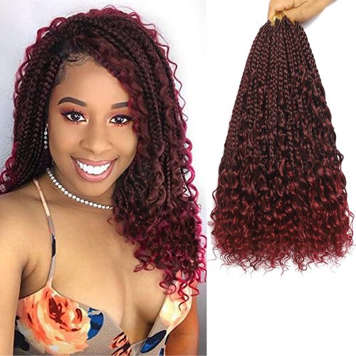 Flagship 9 Packs Goddess Box Braids Crochet Hair for Black Women,14 Inch Ombre Red Pre-looped Crochet Braids with Curly Ends,Burgundy Bohemian Curly Hippie Box Braids Crochet Hair -Tbug