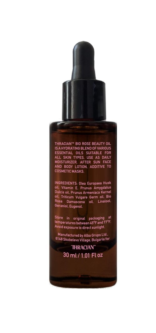 Thracian Bulgarian Beauty Rose Oil with Bio Premium Certified Rosa Damascena, Anti-aging, Moisturizing Oil for Face, Body and Hair in 1.01 fl oz Glass with Dropper