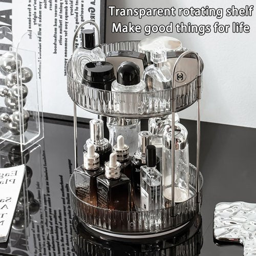 QIZHAN Modern Style Cosmetics Transparent Rotating Storage Rack Turntable Multifunctional Large Capacity Double - Layer Skin Care Products Dressing Table Storage Box Dust - Proof Space - Saving