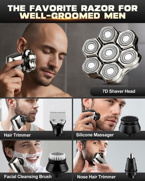 Maraiss Head Shavers for Bald Men, 7D Upgraded Detachable Head Shaver - IPX7 Waterproof Wet Dry 5-in-1 Grooming Kit Electric Razor, Ideal Gift for Men