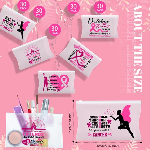 Aliceset 150 Pcs Breast Cancer Awareness Makeup Bags Pink Ribbon Cosmetic Pouches Travel Zipper Toiletry Bag Waterproof Survivor Gifts for Women Public Event Charity Recognition
