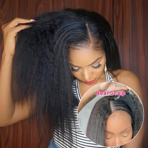 Prtyopp V Part Wig Human Hair Kinky Straight Vpart Human Hair Wig Upgrade U Part Wig Yaki Straight Clip in Half Wigs for Black Women Glueless No Leave Out 180% Density Natural Color 12 Inch