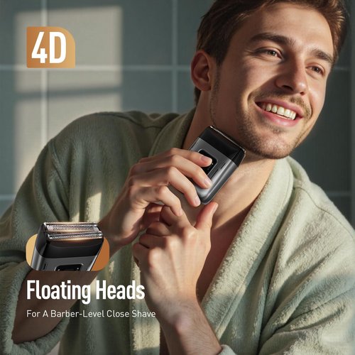 Scrorui Cordless Foil Shaver for Men: High-Speed 6000RPM, Dual Replacement Heads (Foil + Trimmer), USB-C Rechargeable, IPX7 Waterproof & Battery Display
