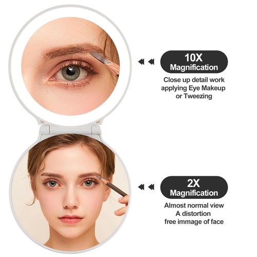 Makefango Compact Makeup Mirror with Lights - 3.5" Portable, 2-Sided, Lightweight & Shatterproof, Folding Magnifying Mirror 2X/10X, for Women