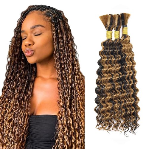 P4/27 Brown Human Braiding Hair Deep Wave Bulk 20 20 20 Inch Unprocessed Brazilian Virgin Hair Highlight Blonde Deep Curly Braiding Hair Extensions 3 Bundle 50 Gram Per Bundle For Black Women