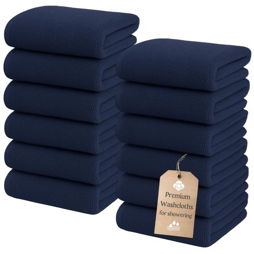 The Towels Haven Luxurious Wash Cloths for Showering [13x13] - Thick, Soft, 100% Cotton Washcloths [Pack of 12] Absorbent Face Towels for Bathroom, Gym, and Spa Ideal for Daily Skincare (Navy Blue)