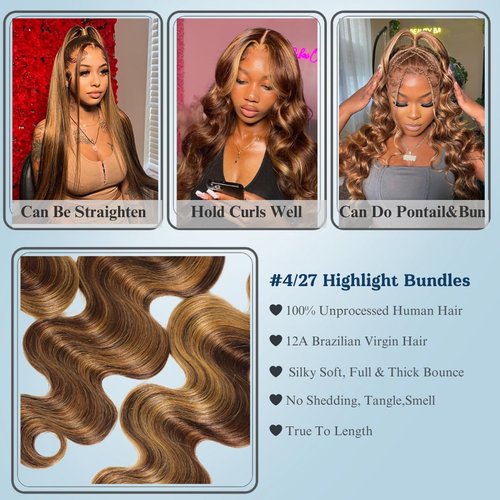 ALHER 4/27 Honey Blonde Highlight Body Wave Ombre Human Hair Bundle 16 Inch Brown Colored Bundles 12A 100% Brazilian Virgin Remy Human Hair Soft Wavy Weave 4/27 Highlight Color