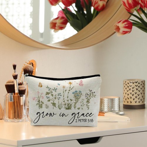 RYYCDOI Christian Floral Makeup Bag Pouch, Grow in Grace 2 Peter 3:18, Religious Christian Gifts for Women, Bible Verse Gifts, Bible Verse Cosmetic bag