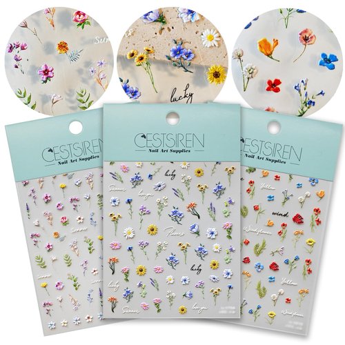 CESTSIREN Flower Nail Art Stickers 3D Embossed Nail Decals for Nail Art Design Self-Adhesive Spring Summer Nail Accessories for Women Nail Art Supplies 3 Sheets