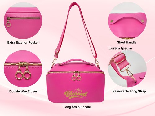 BLESSED Travel Makeup Bag for Women - Large Capacity Cosmetic Organizer, Waterproof Portable Leather Toiletry Pouch with Divider and Handle - Ideal Make up Bag, Toiletry Organizer(Pink)