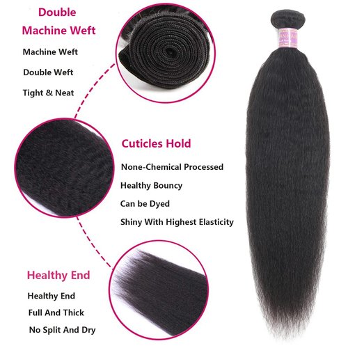 Kinky Straight Human Hair Bundles 16Inch Yaki Straight Human Hair Extensions 1 Bundles Unprocessed 100% Brazilian Virgin Kinky Straight Human Hair For Black Women Natural Black