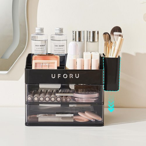 UFORU Makeup Organizer for Vanity with Brush Holder, Countertop Skincare Organizer with 2 Drawers, Spacious Cosmetic Display Case for Perfumes, Cologne, Shaving Lotion