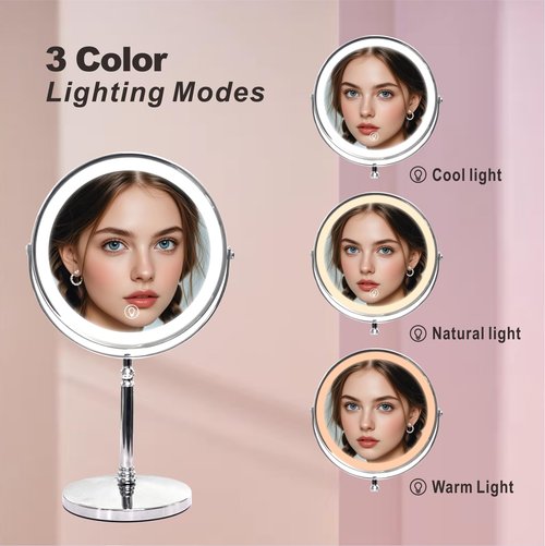 Makeup Mirror with Lights ，8 Inch 1X/10X Rechargeable Double Sided Magnifying , 360° Rotation LED HD Mirror with 3 Colors，Brightness Adjustable, Ideal for Daily Skincare and Professional Makeup
