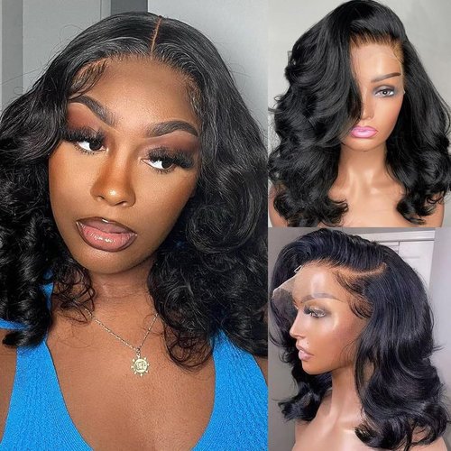 Body Wave 13x6 HD Lace Front Wigs Blend Human Hair 180% Density Bob Wig Pre Plucked Short Bob Wigs for Black Women Glueless Frontal Wig Synthetic Hair Natural Black Loose Wavy 16 Inch