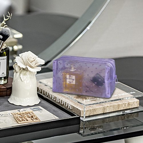TRAKWAN 5-Piece Heart Printed Mesh Makeup Bag Set, Portable Travel Cosmetic Bags Toiletry Bags Purse Bags Makeup Bags Zipper Mesh Storage Pouches for Home Offices Travel Accessories (Purple)
