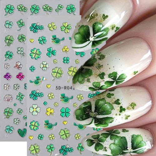 St. Patrick's Nail Stickers,5D Embossed Green Shamrock Nail Decals Self Adhesive Four-Leaf Clover Nail Design St. Patrick's Supplies Lucky of Irish Spring Manicure Decorations for Women 2PCS