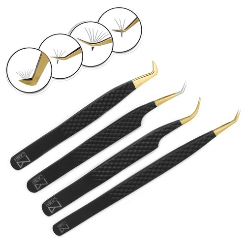 M LASH Tweezers for Eyelash Extensions (Set of 4) - Professional Lash Extension Tweezers - Fiber Tip, Japanese Steel, Diamond Grip Eyelash Extension Tweezer (Matte Black)