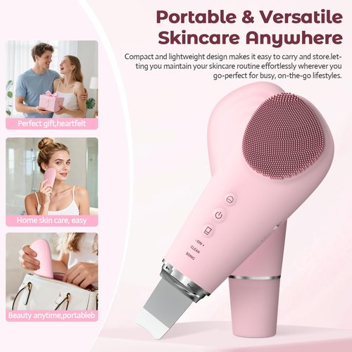 2 in 1 Electric Face Scrubber Silicone Facial Cleansing Brush, Exfoliator Scrubber & Skin Spatula Pore Cleaner Blackhead Remover Tools, Waterproof Face Brush Exfoliating Deep Cleaning Massager, Pink