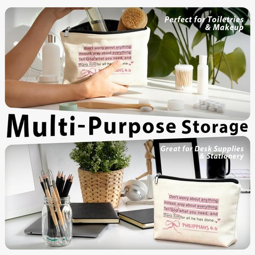 LIANGW Pink Christian Makeup Bag & Travel Pouches for Toiletries, Bible Verse Pink Bow Cosmetic Bag for Women, Christian Gifts for Women, Religious Scripture Small Toiletry Bags Zipper Makeup Pouch