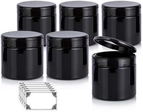 JUVITUS Black 16 oz PET Plastic (BPA Free) Refillable Jar with Black Flip Top Cap - (6 Pack) + Labels