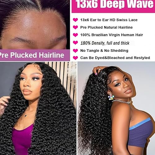 13x6 Deep Wave Lace Front Wigs Human Hair Curly Human Hair Wig for Women HD Deep Curly Lace Frontal Wigs Glueless Human Hair Pre Plucked with Baby Hair Natural Color (22 Inch-12A)
