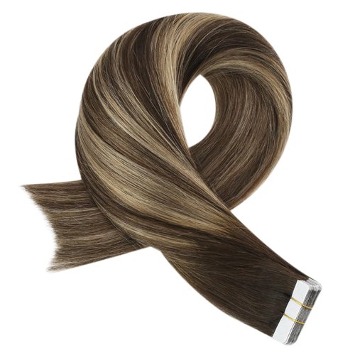 Moresoo Tape in Hair Extensions Human Hair Ombre Brown to Caramel Blonde with Brown Balayage Tape in Seamless Hair Extensions Real Human Hair Tape in Extensions 18 Inch #4/27/4 20pcs 50g