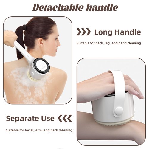 Electric Body Brush, 3 Speed Silicone Body Scrubber with LCD Display, 5in1 Back Scrubber for Shower, Waterproof Rotating Body Brushes, Rechargeable Bath Brush for Clean Exfoliate Massage (White)