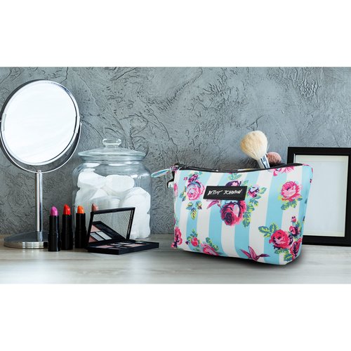 Betsey Johnson 8.5 Inch Zipper Cosmetic Pouch Small Toiletry Bag Lightweight Durable Polyester Organizer with Inner Zipped Pocket Good For Makeup Accessories and Travel Needs (Hummingbird Floral)