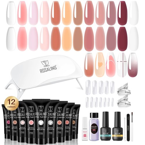 ROSALIND Pink Poly Nail Gel Kit -12 Colors + Nail Art Accessories Kit Poly Nails Gel Starter Kit with Slip Solution All Seasons Classic Colors Nails Extensions Set with Mini UV Lamp