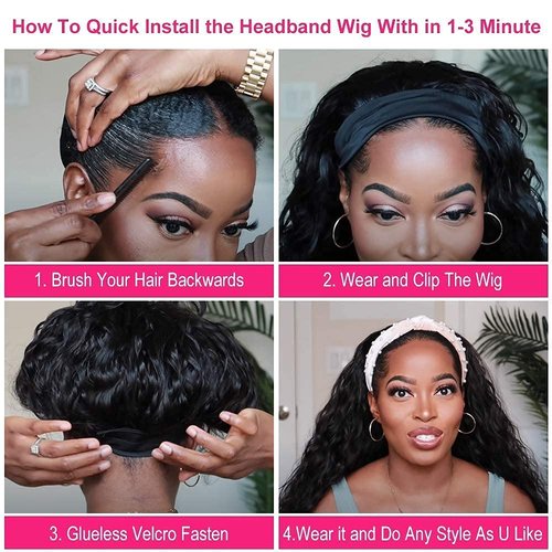mengkai 12 Inch Headband Wig Human Hair Curly Headband Wigs for Women Brazilian Virgin Curly Human Hair Wigs Glueless Curly Wigs Natural Black