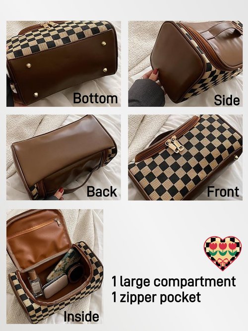 Zigihos Large Capacity Checkboard Plaid Cosmetic Bag for Women Travel Makeup Organizer Waterproof Toiletry Bag (Brown)
