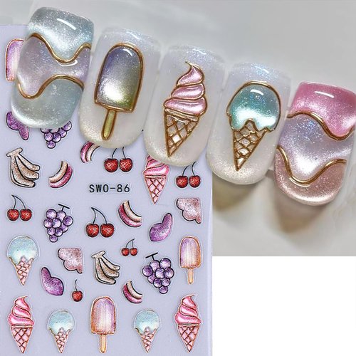 6 Sheets Fruit Nail Art Stickers Decals 3D Self-Adhesive Embossed Nail Stickers Lemon Strawberry Blueberry Banana Grape Orange Nail Decals Supplies for Women DIY Summer Manicure Decorations