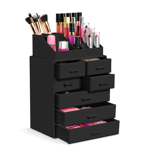 Sorbus Makeup Organizer, Brush Holder and Make Up Storage Drawers - Acrylic Makeup organizer for vanity, Bathroom - Cosmetic Display Cases with 3 large, 4 Small Drawers & 1 Tray for Makeup Brush