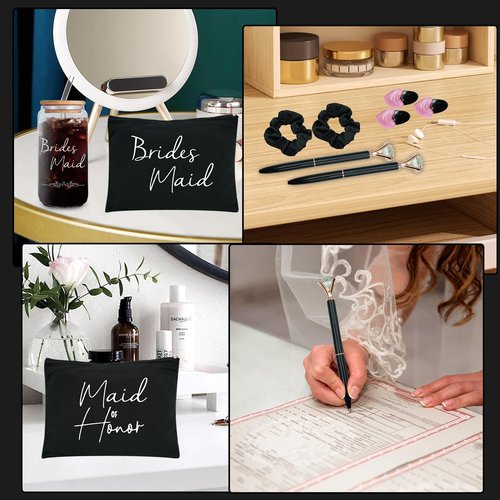 42 pcs Bridesmaid gifts bridesmaid proposal gifts, Maid of Honor Gifts contain 16oz Glass Cups Cosmetic Makeup Bags Invited Cards Scrunchies Hair Knotted Bracelets Diamond Pens love clip (Black )