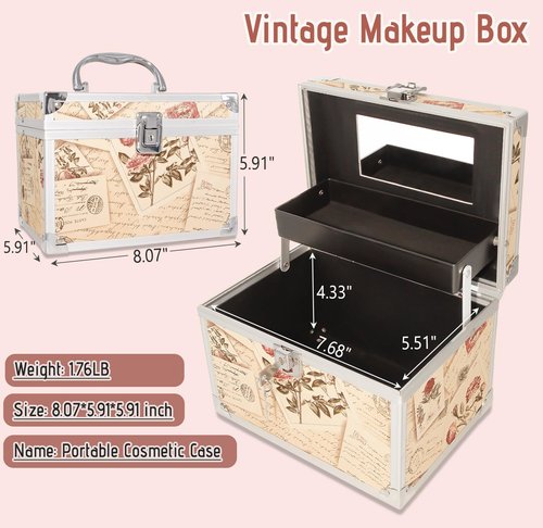 VNIMTI Makeup Train Case, Portable Makeup Box with Mirror, Cosmetic Storage Box for Women with Trays, Makeup Box Organizer for Vanity, Travel, Lockable& Large Capacity (Philatelic Style)