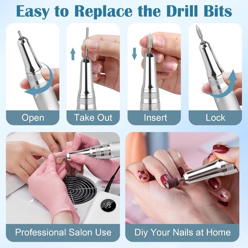 Enniewi Nail Drill Professional 35000RPM, Cordless Electric Nail File Drills para Uñas, Portable Rechargeable E File 7 Bits Manicure Pedicure Kit for Acrylic Nails Gel Remover Salon Home Tools, White