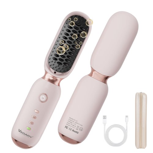 VAGARY Cordless Hair Straightener Brush,Portable Straightening Brush for Travel, 30s Fast Heat,3 Temp Settings,300 Million Negative Ions,USB Rechargeable,Anti-Scald Design Suitable for Thick,Thin Hair