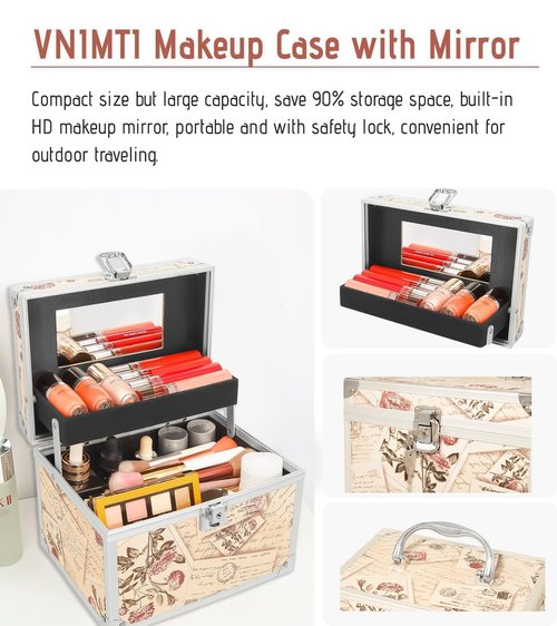 VNIMTI Makeup Train Case, Portable Makeup Box with Mirror, Cosmetic Storage Box for Women with Trays, Makeup Box Organizer for Vanity, Travel, Lockable& Large Capacity (Philatelic Style)