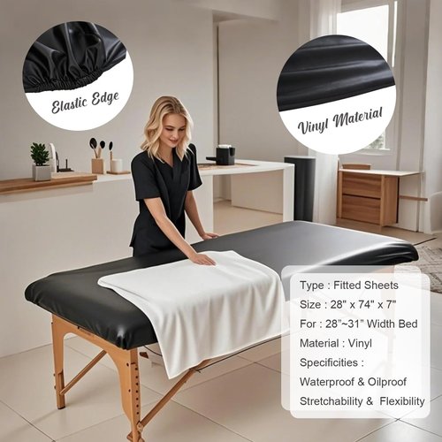 KAKU HOME Massage Table Cover Protector Vinyl Leather Spa Bed Covers - Fits Beds 28-31" Wide, Lash Bed Sheets Fitted Sheet, Waterproof & Oilproof & Reusable & Elastic (Black)