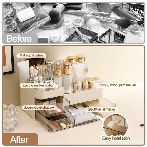 DASITON Makeup Organizer with 3 Drawers,Skincare and Cosmetics Organizer Countertop,Makeup Organizers and Storage with Brush Holder,Large Cosmetic Display Case for Vanity,Desk,Bathroom,Bedroom(Cream)